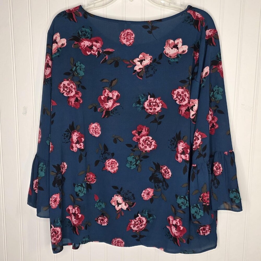 Elle Blouse Womens XL Blue Floral Bell Sleeve Pullover Top Pink Teal Rose Print - Picture 5 of 12